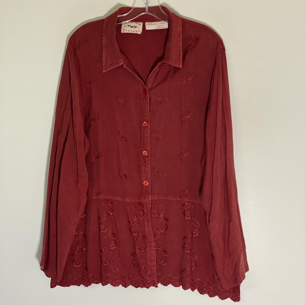 Vintage Country Wear Casuals Top Womens 2X Red Embroidered Tunic Long Sleeve